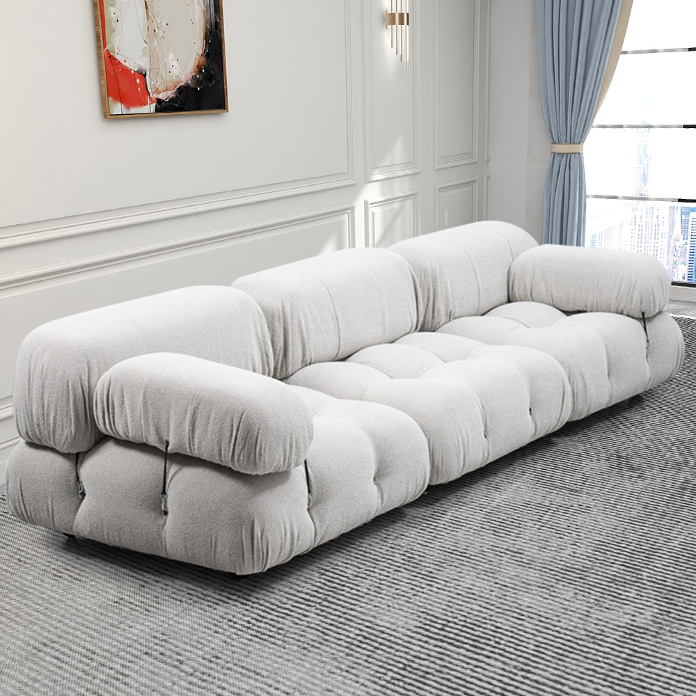106.3" White Modular Velvet Upholstered Sofa 3-Seater Tufted Sofa window image