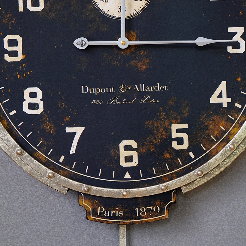 Retro-Industrial Style Unique Distressed Metal Circular Wall Clock with Pendulum window image