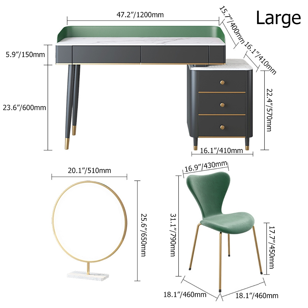Modern Green Makeup Vanity Set Retracted Faux Marble Top 5 Drawers Mirror&Chair Inluded