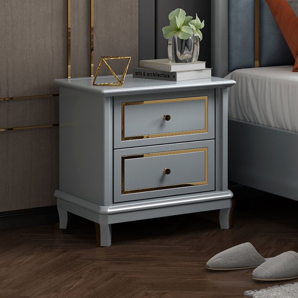 Modern Gray Nightstand Lacquered Luxury 2-Drawer Bedside Cabinet window image