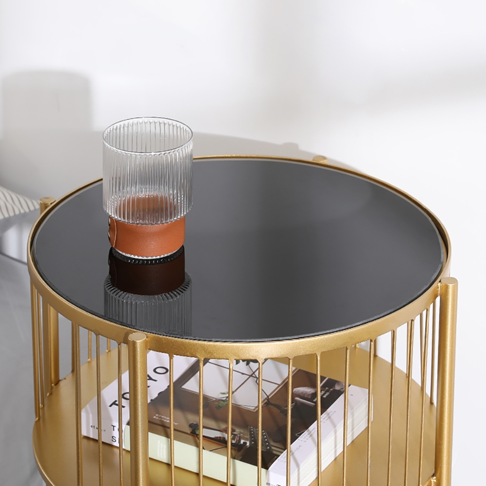 Table de Bout Rond avec Cadre en Métal en Verre Trempé Doré image de fenêtre