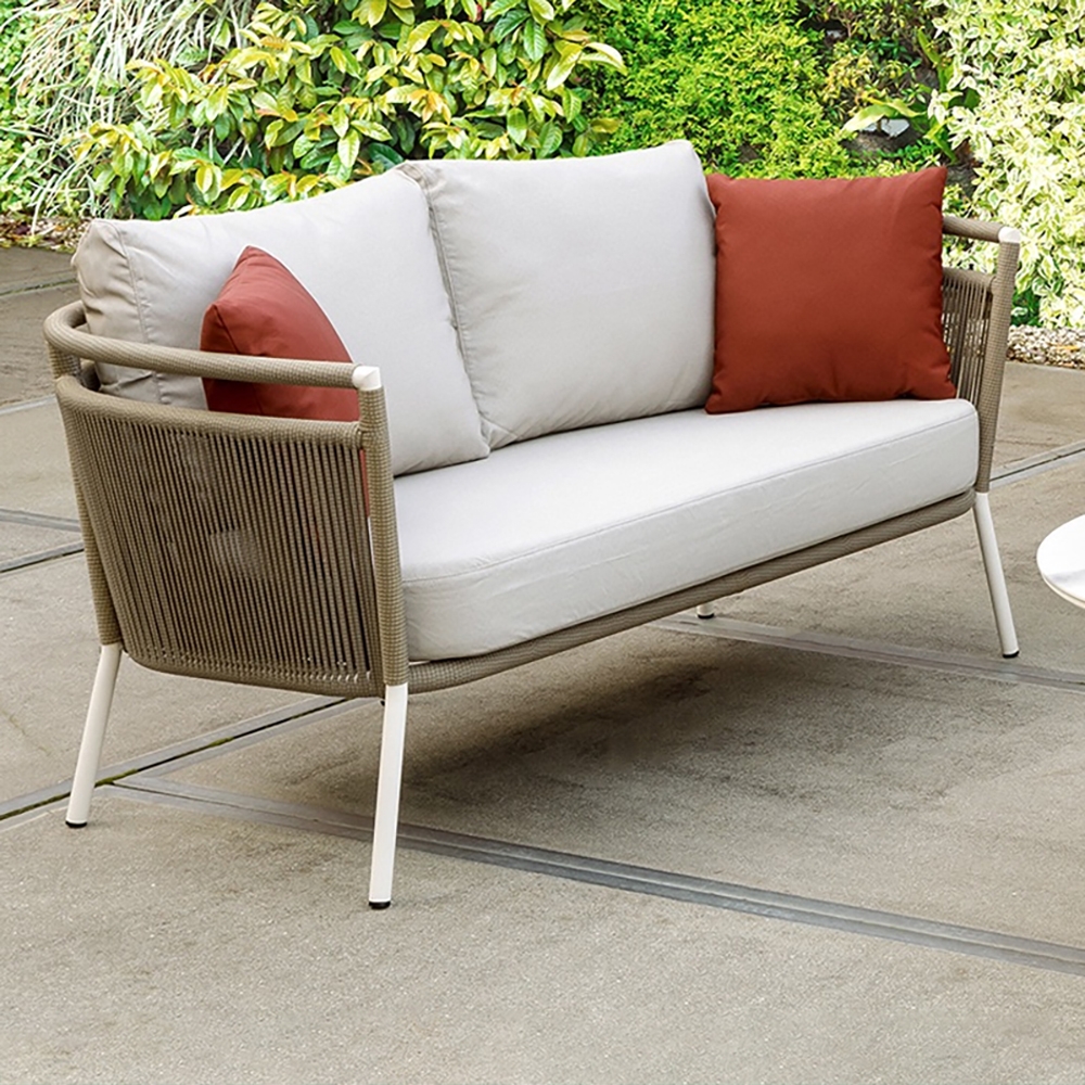 Khaki Rattan Outdoor Sofa with Brick Red Pillow Loveseat in Aluminum Frame 2-Seater window image