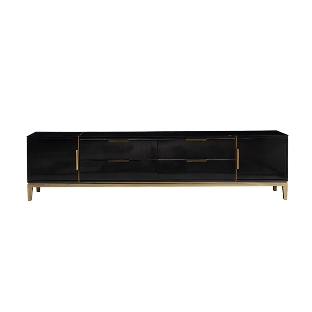 78" Black TV Stand  Modern Tempered Glass Top Drawers & Doors Media Console in Gold window image