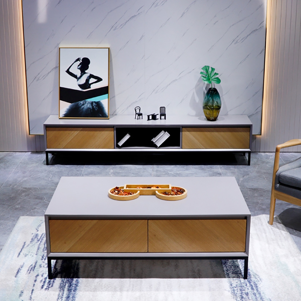 Italian Minimalist TV Stand Twill Surface Media Console with 2 Drawers in Small window image