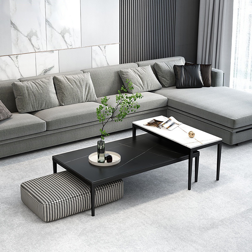 Modern Coffee Table Set with Ottoman & Sintered Stone Top & Metal Legs in 3 Pieces window image
