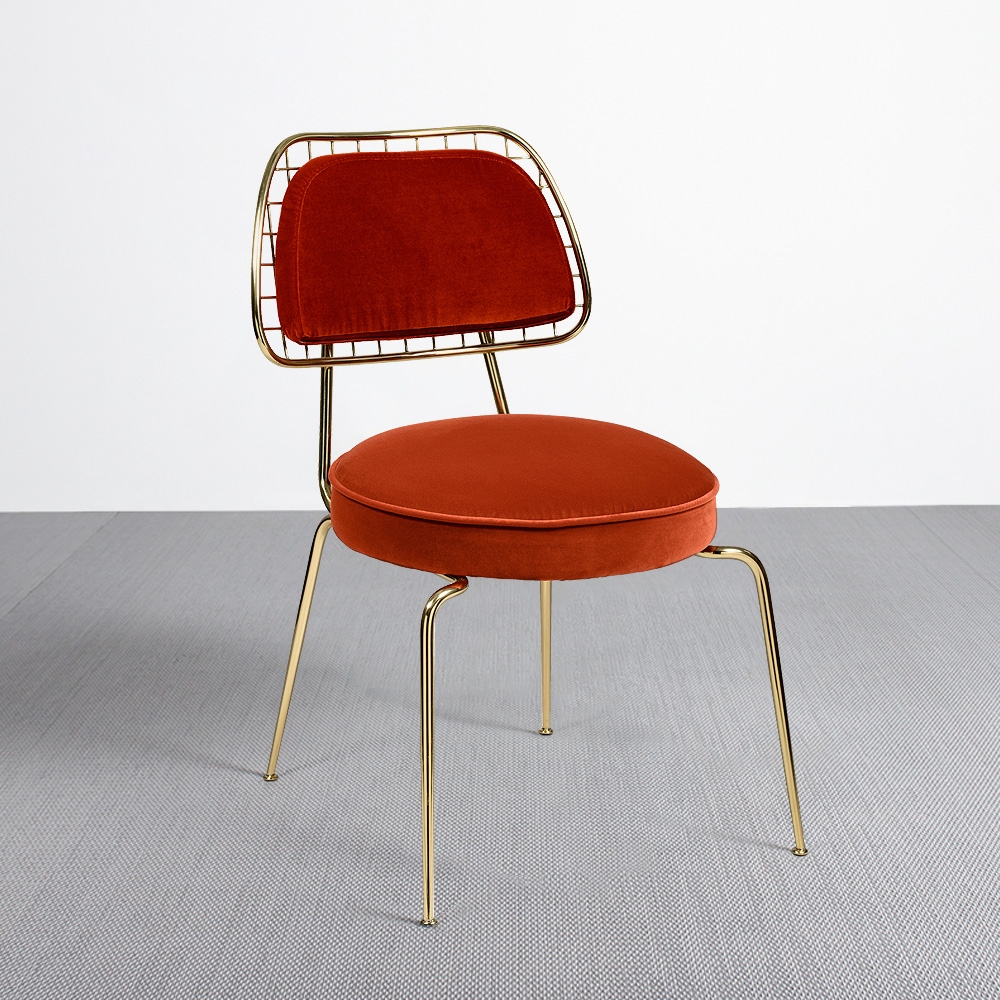 Orange Modern Gold Dining Chair Velvet Upholstered Dining Chair in Gold Finish Legs window image
