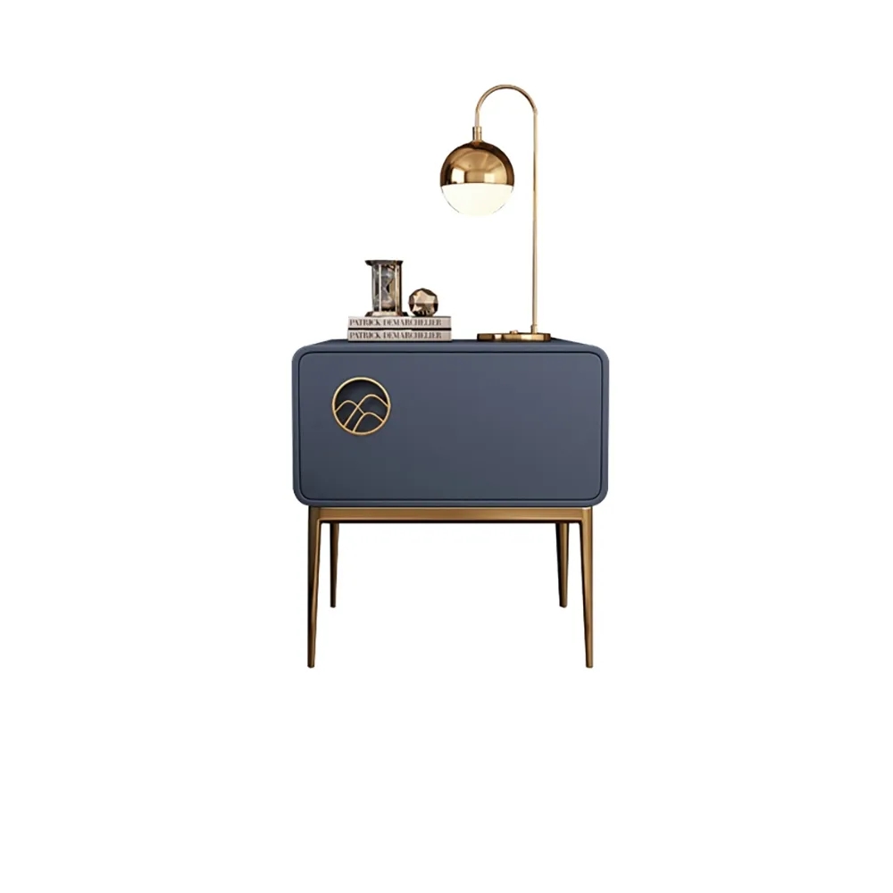 Modern Blue Nightstand Luxury 1-Drawer Faux Leather Bedside Table Gold Finish window image