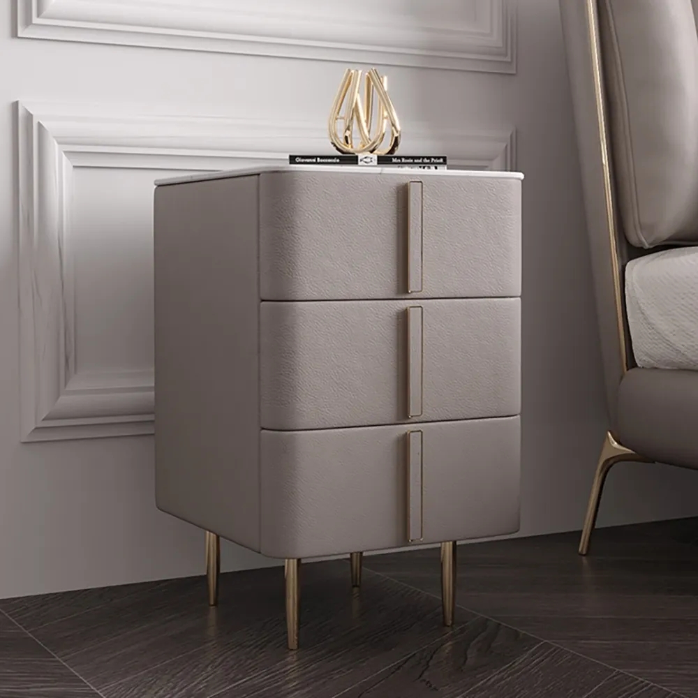 Table de chevet moderne blanc cassé avec éclairage à induction Table de chevet à 3 tiroirs en bois de pin image de fenêtre