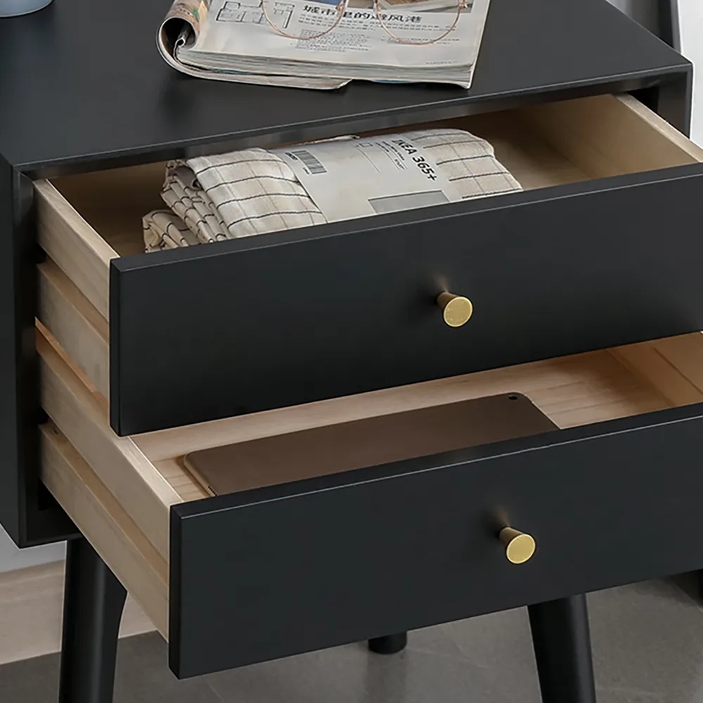 Table de chevet à 2 tiroirs pour chambre noire avec pieds coniques image de fenêtre