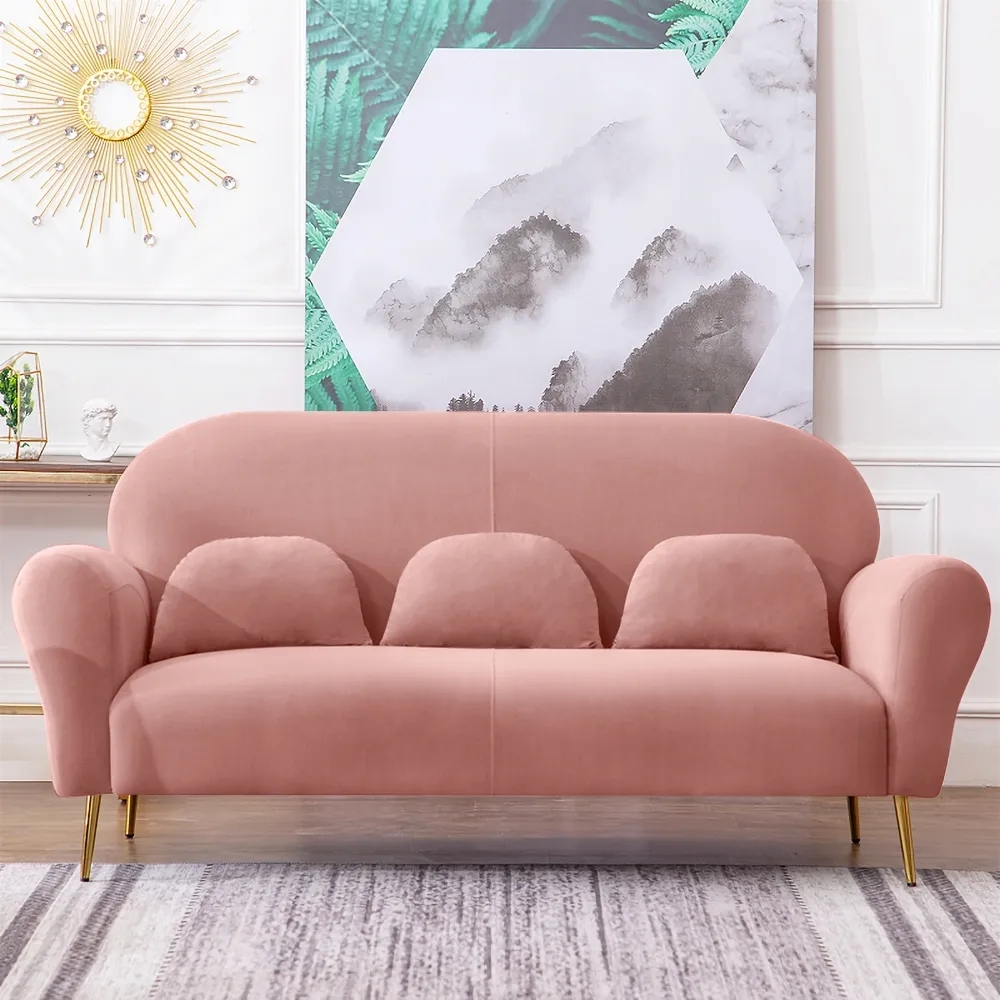 74"L Mid-Century 3-Seater Velvet Upholstered Sofa with Pillows Rounded Arm in Pink window image