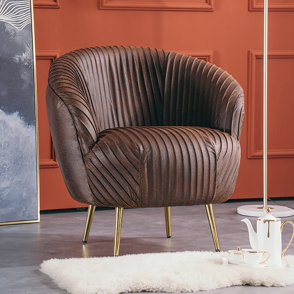 Brown Velvet Accent Chair Upholstered Arm Chair with Metal Legs in Gold window image