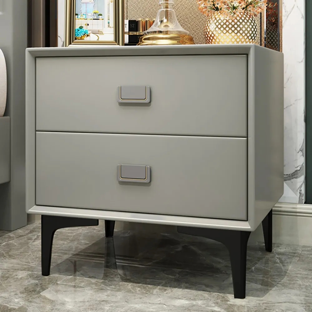 Modern Grey Nightstand 2 -Drawer Bedside Table in Gold Finish window image