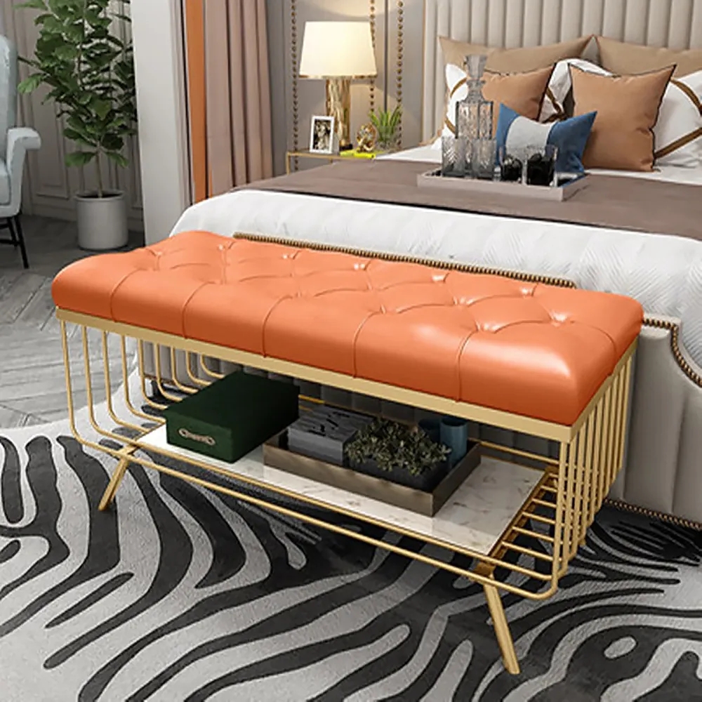 Orange Luxury Shoe Bench Leather Upholstered Footstool for Bedroom window image