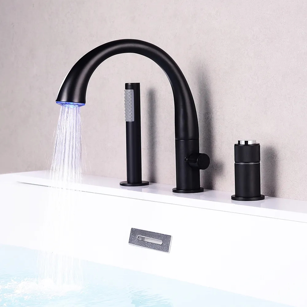 Robinet de bain à 3 trous et douchette LED 3 trous en laiton massif image de fenêtre