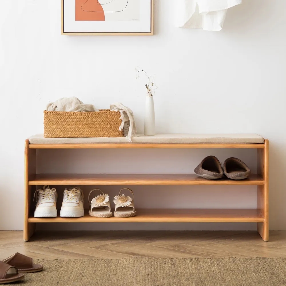 Nordic Bench Upholstered Cotton & Linen 2-Tier Solid Wood Shoes Storage Bench window image