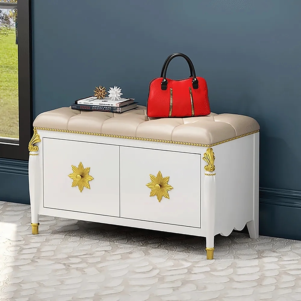 800mm White Retro Storage Bench Shoe Rack with Leather Upholstered Seat window image
