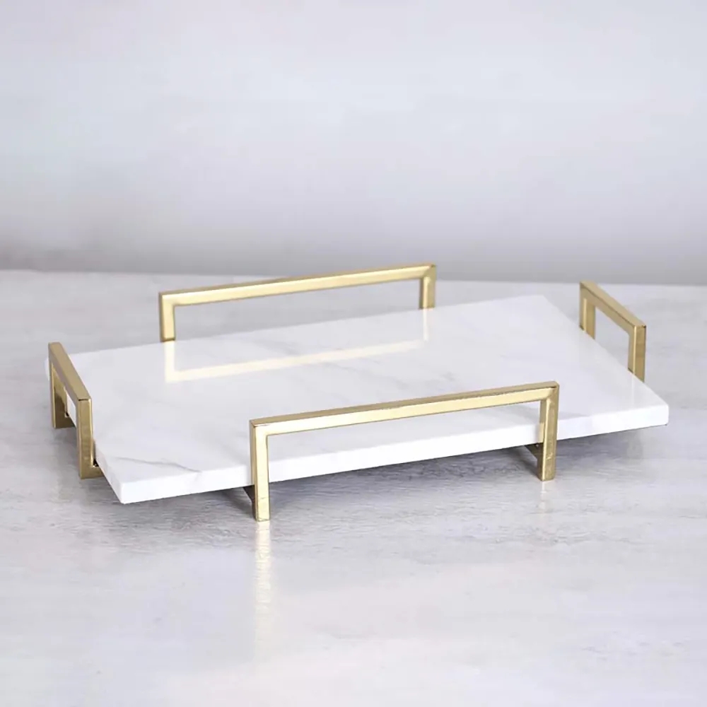 Modern Marble Desk Organizer Decor Tray with Handles White window image