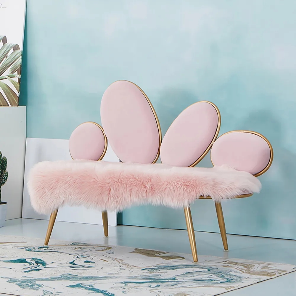 Canapé nordique en velours rembourré rose 49.2" avec pieds dorés image de fenêtre