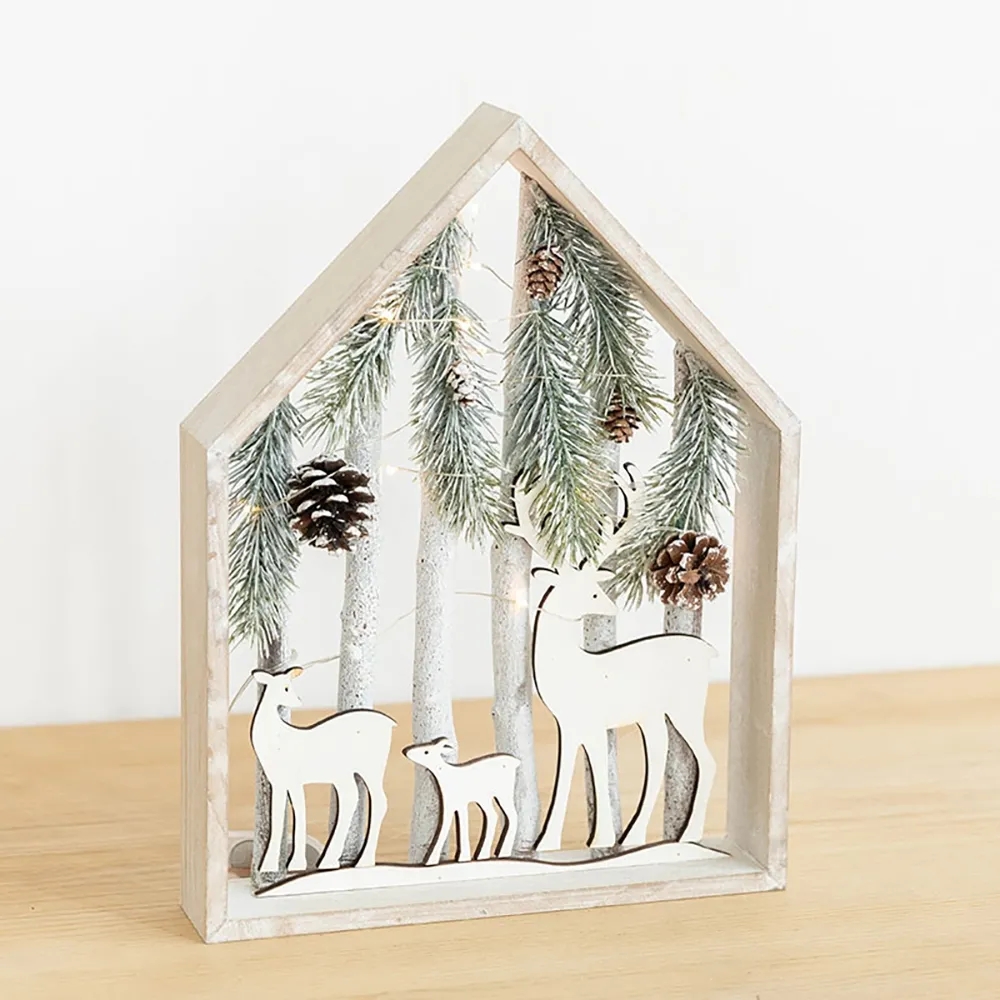 Christmas Standing Lighting Frame Christmas Decor with Cutout Deer & Tress Silvery White window image