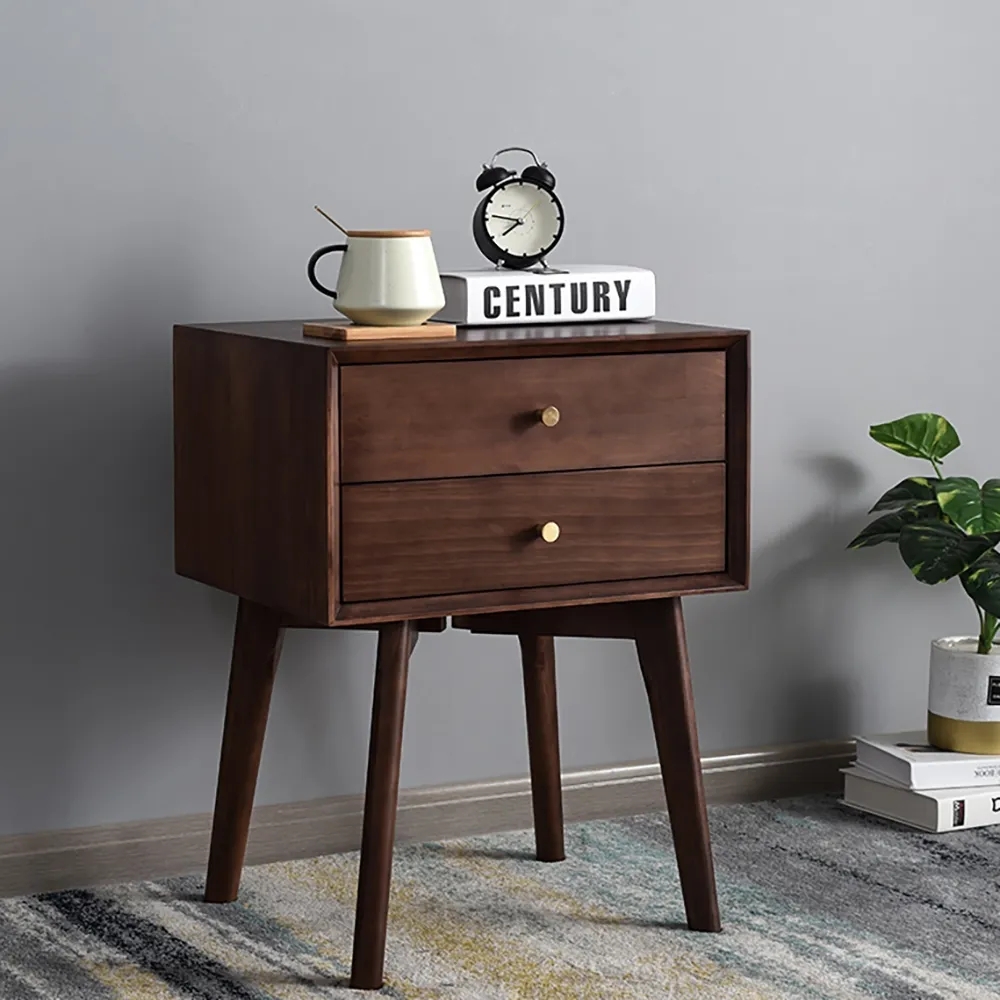 Table de chevet de chambre en noyer 2 tiroirs avec pieds coniques hauts image de fenêtre