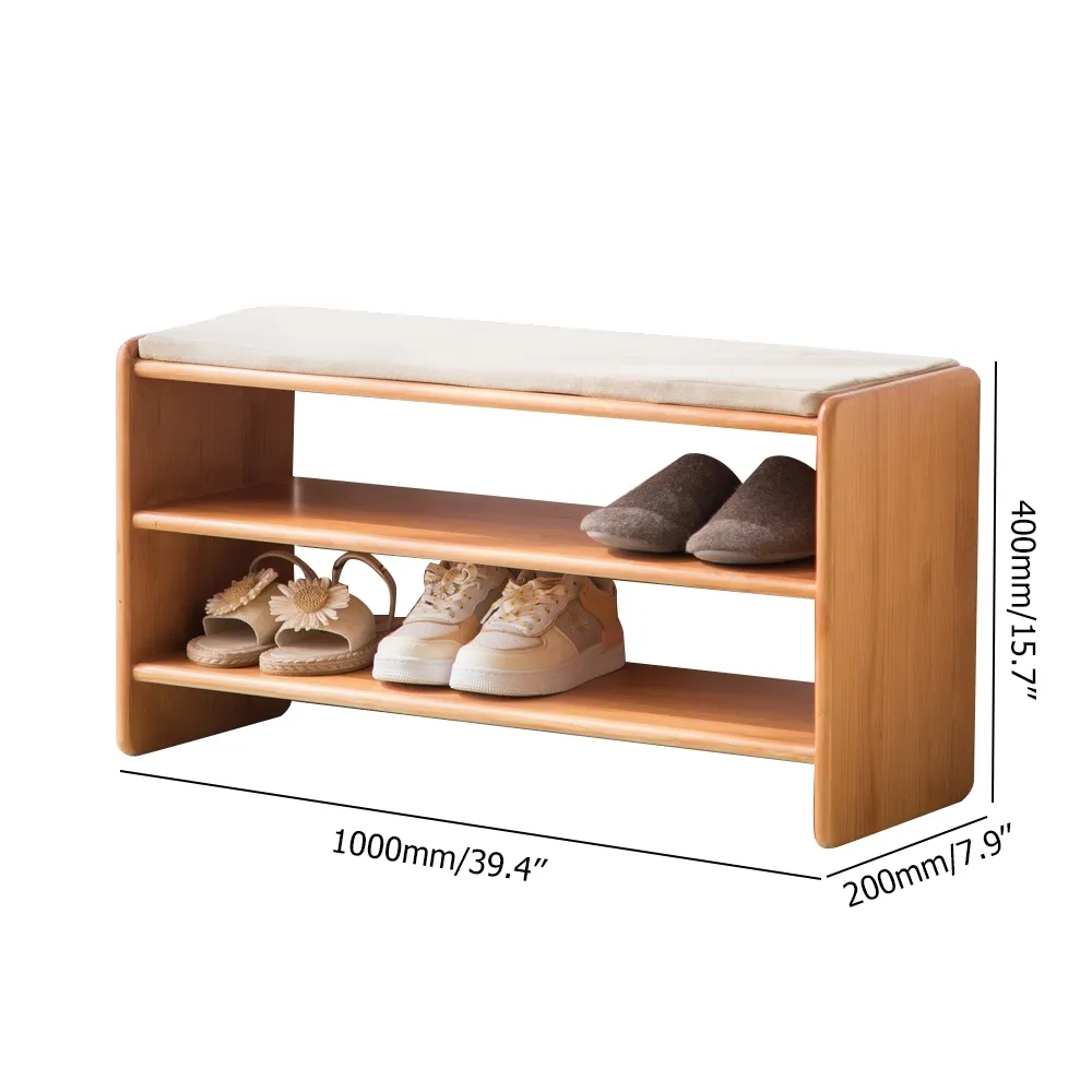 Nordic Bench Upholstered Cotton & Linen 2-Tier Solid Wood Shoes Storage Bench window image
