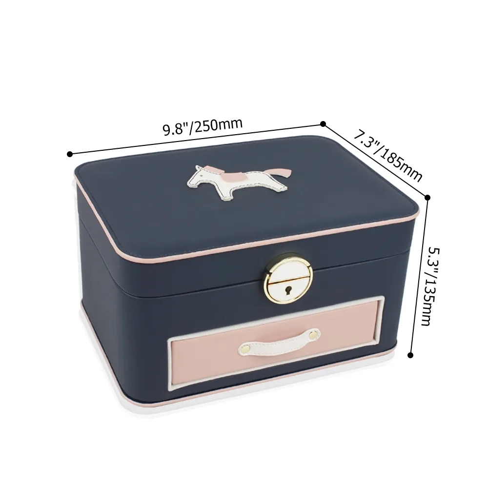 Portable Horse Jewelry Box Necklace Storage Ring Holder with Mirror-Blue window image