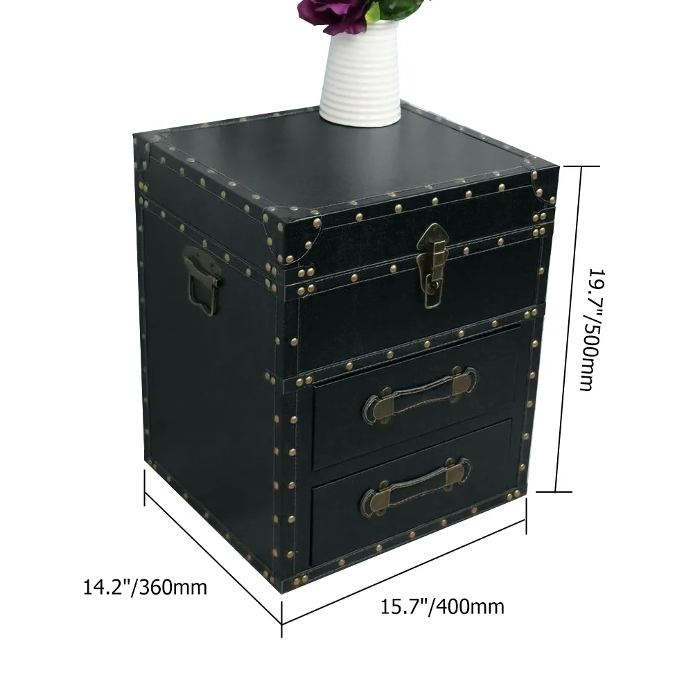 Industrial White Nightstand Flip Top Nailheads Accent PU Leather Cabinet with 2 Drawers window image