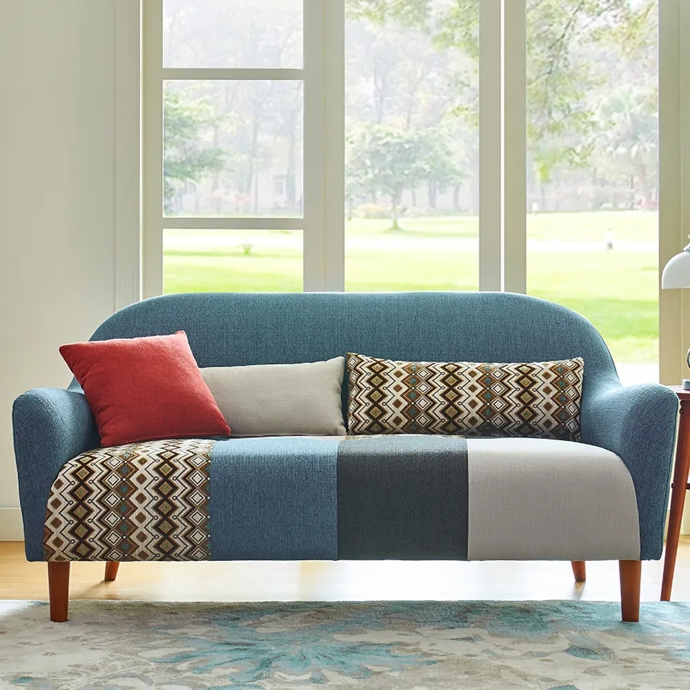 Flared Arm Sofa Deep Blue Cotton & Linen Upholstered 3-Seater Modern Rustic Couch window image