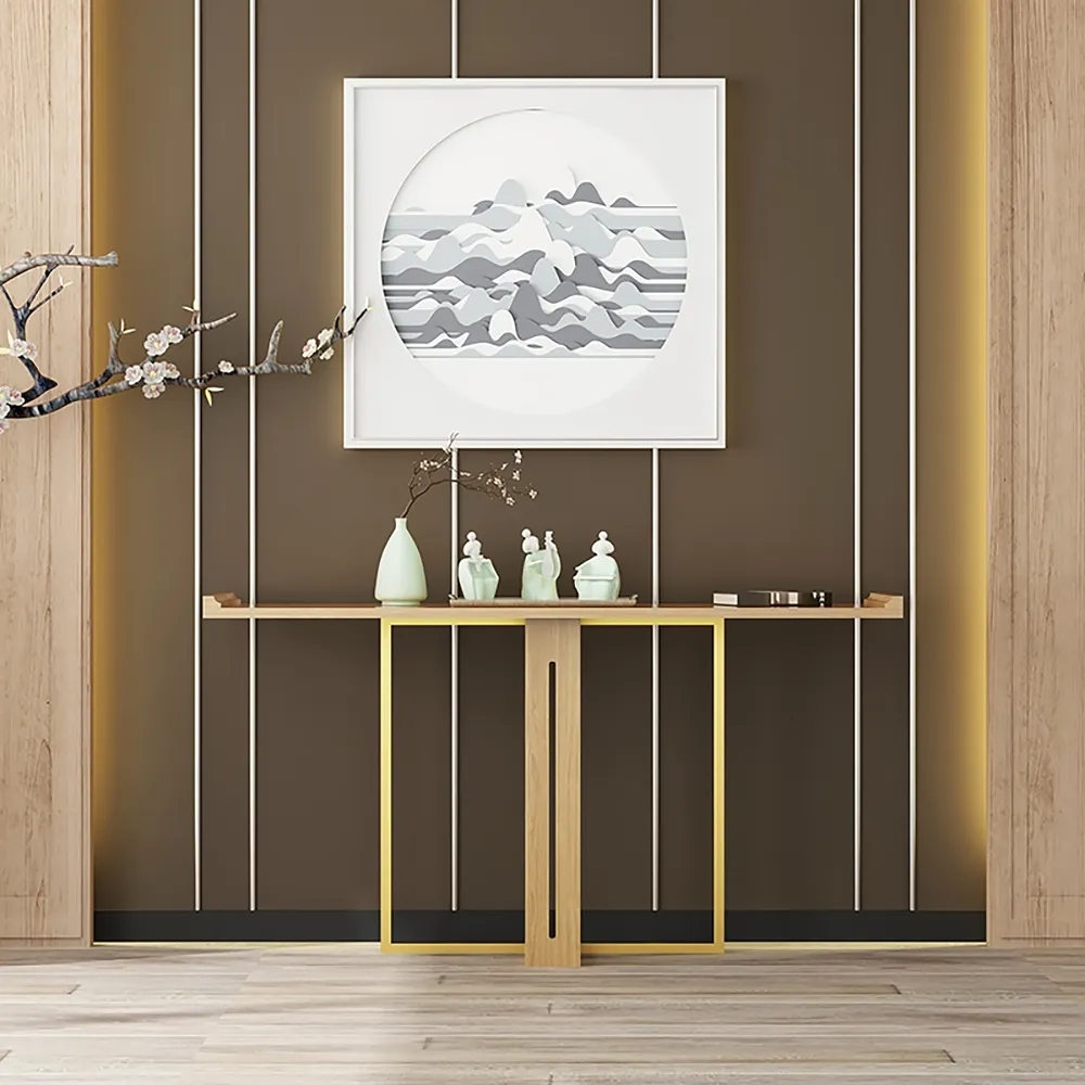 47" Narrow Console Table for Entryway Foyer Natural Solid Wood & Gold Metal in Large window image