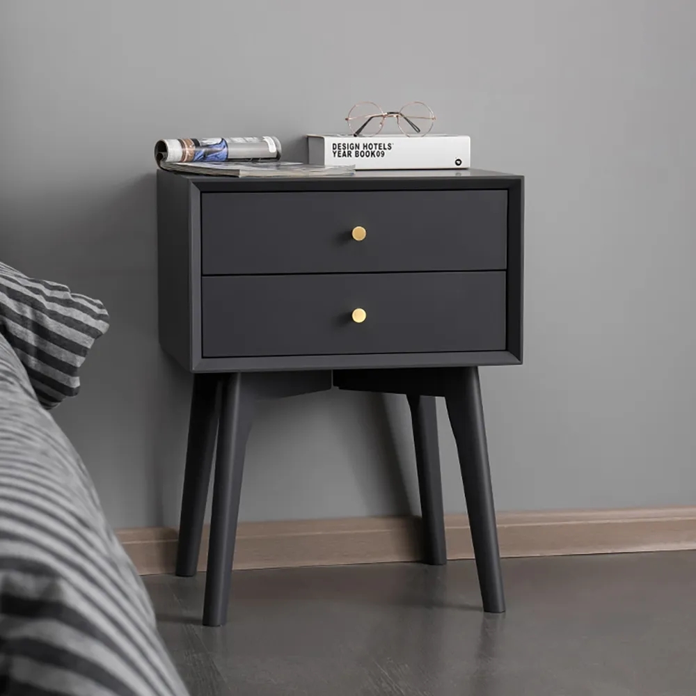 Table de chevet à 2 tiroirs pour chambre noire avec pieds coniques image de fenêtre