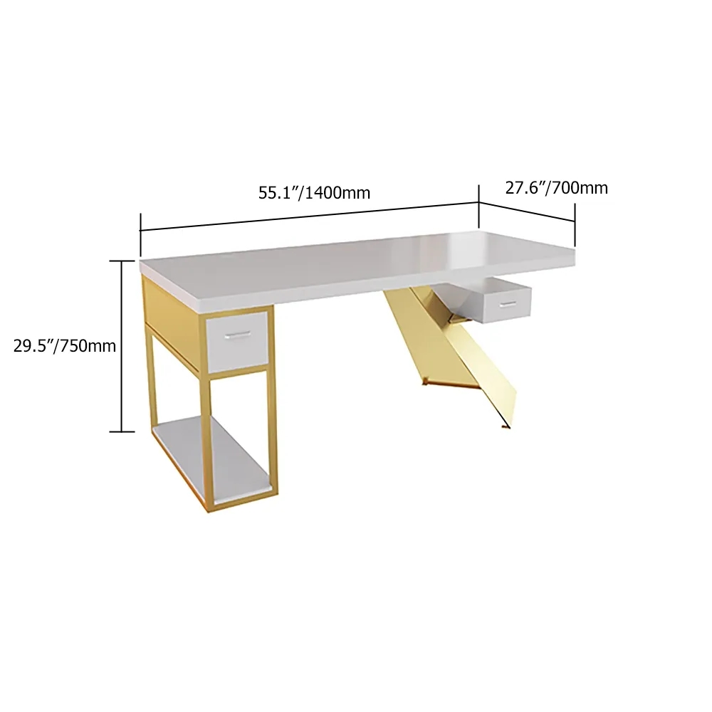 Cabstract 55" White Computer Desk Modern Writing Desk with 2 Drawers & Storage in Gold weights dimensions image