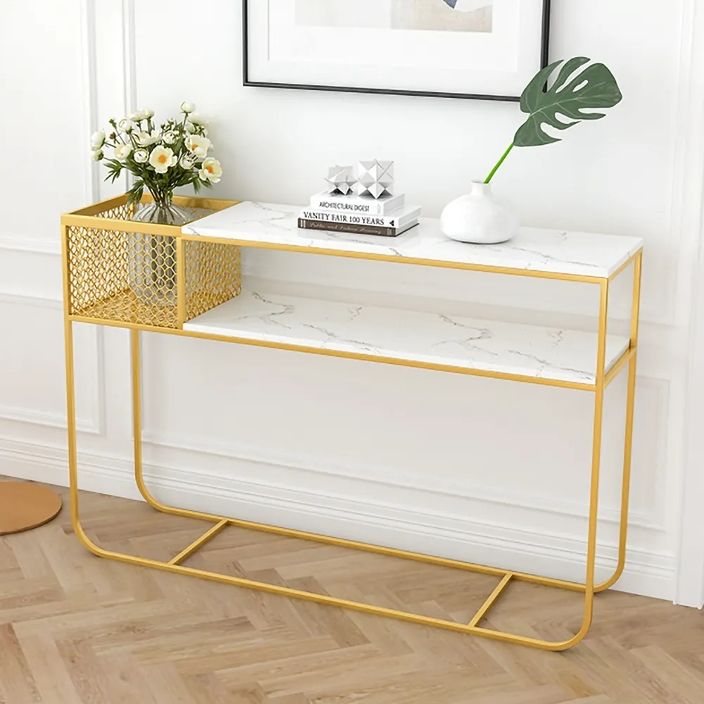 Modern Luxury Faux Marble Narrow Console Table Rectangle Gold Finish window image