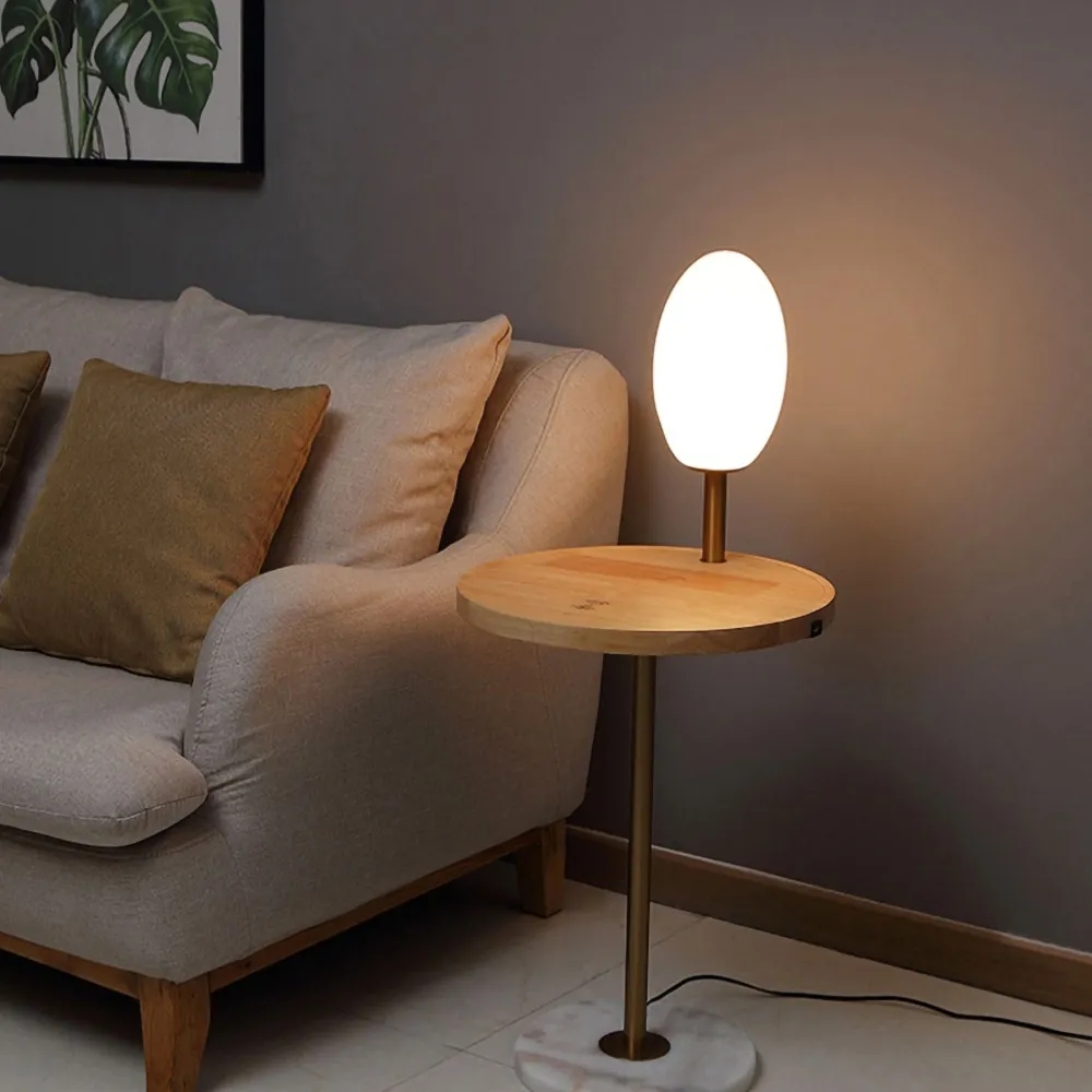LED Natural Wood End Table Floor Lamp Glass Shade Wireless Charger Marble Base window image