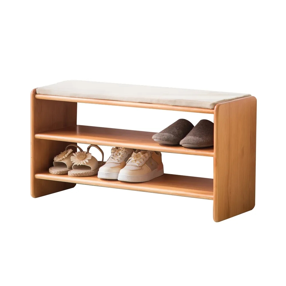 Nordic Bench Upholstered Cotton & Linen 2-Tier Solid Wood Shoes Storage Bench window image