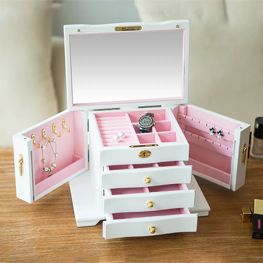 Wooden Jewelry Box Countertop Organiser with Mirror window image