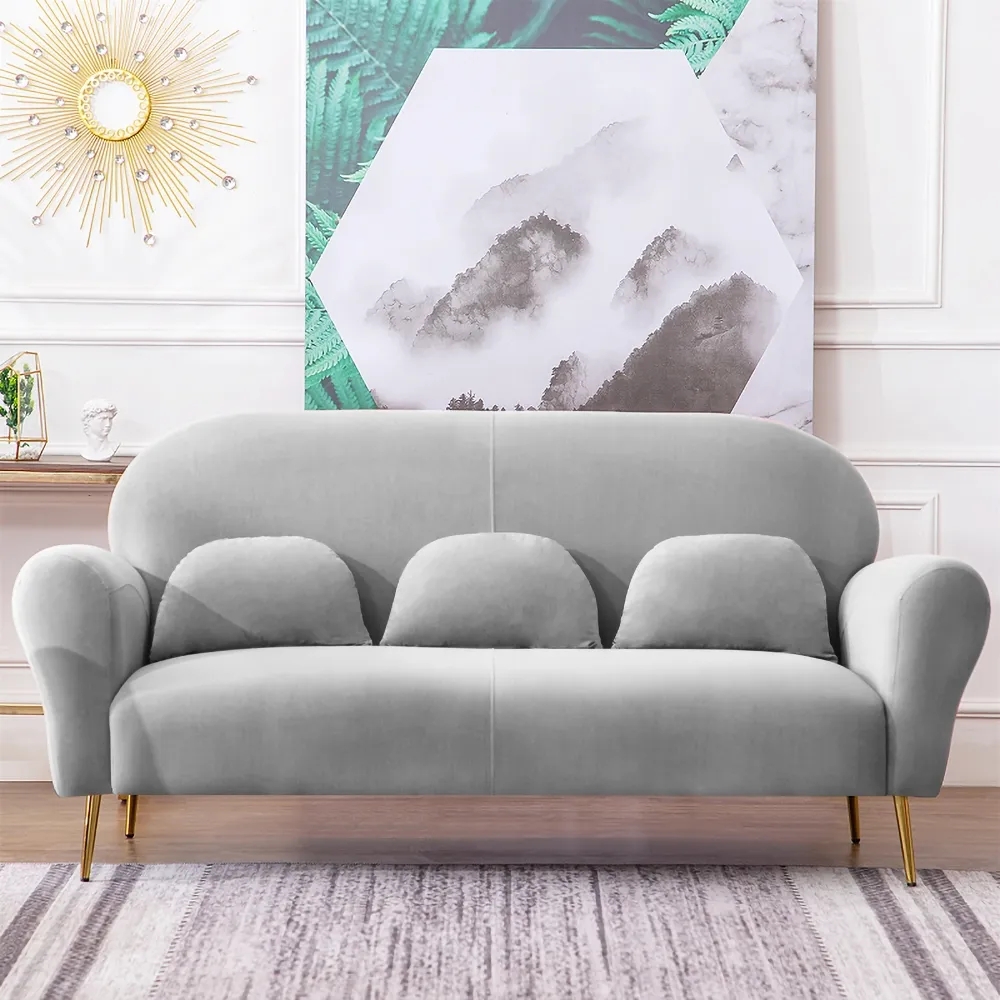 74" Mid-Century 3-Seater Velvet Upholstered Sofa with Pillows Rounded Arm in Gray window image