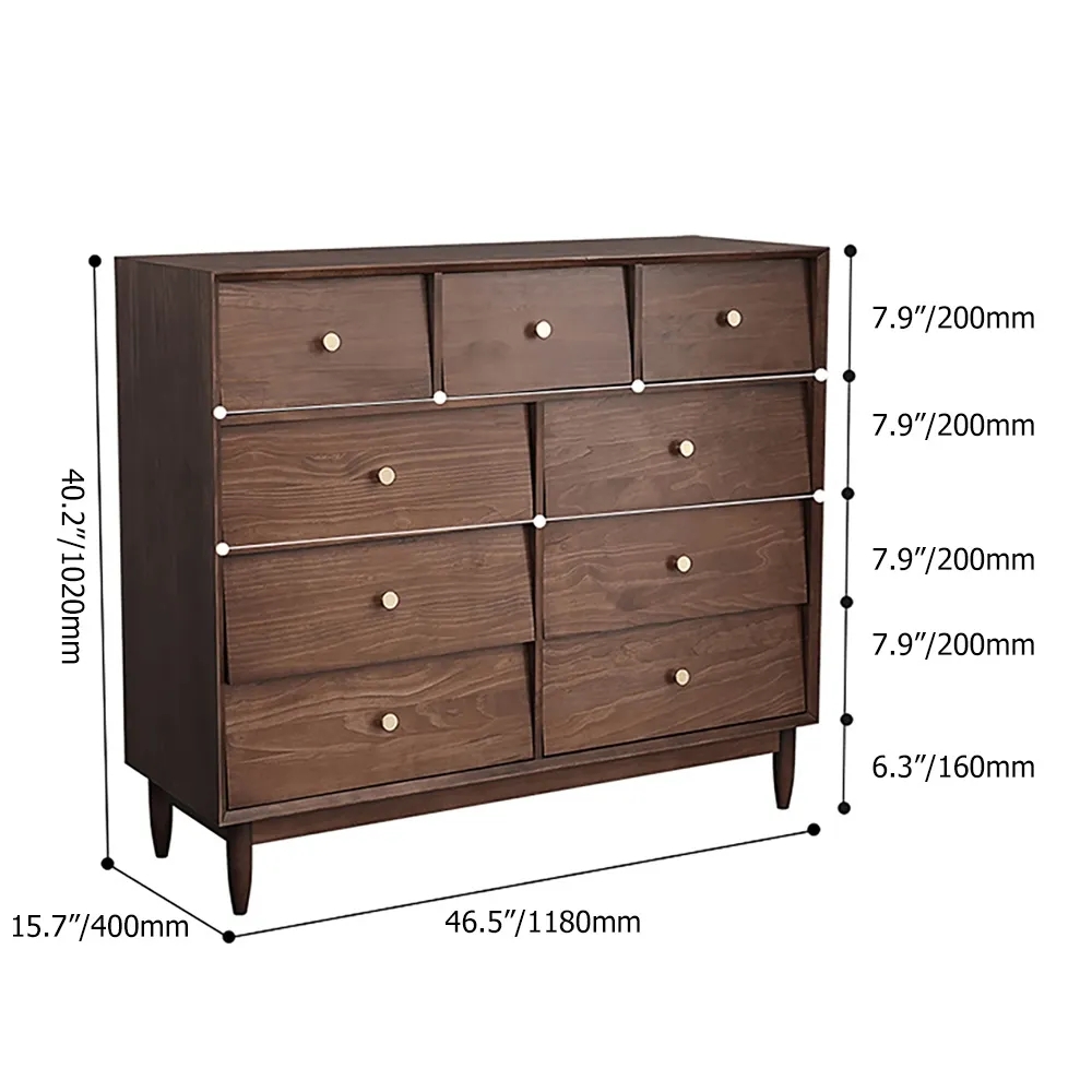 Nordic Walnut Dresser Cant 9-Drawer Cabinet Gold Pulls window image