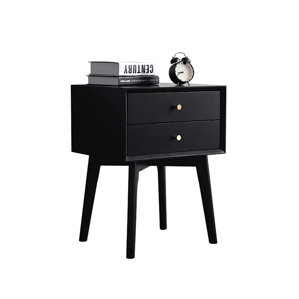 Table de chevet à 2 tiroirs pour chambre noire avec pieds coniques image de fenêtre