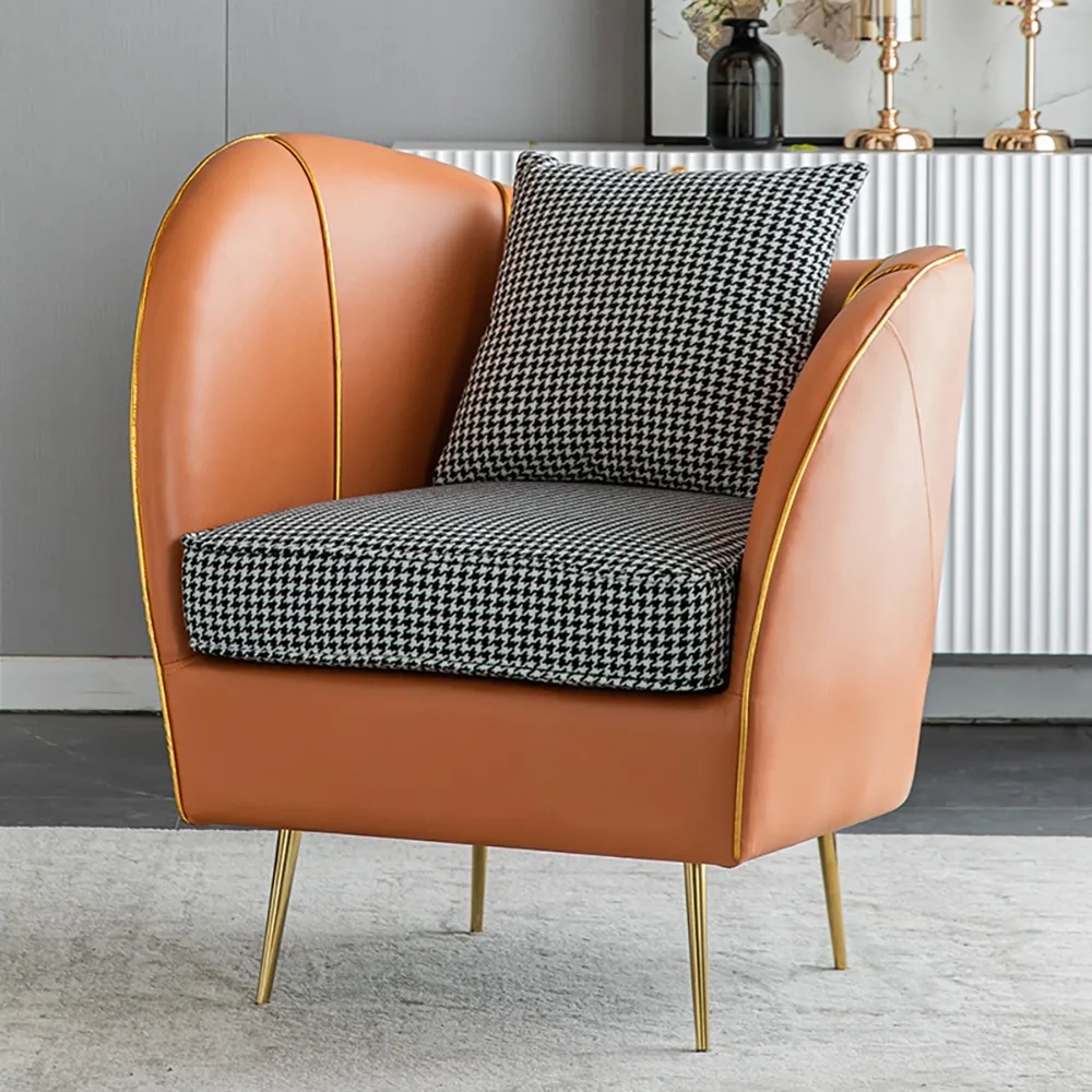 Orange Modern Houndstooth Upholstered Linen & Leather Accent Chair in Gold window image