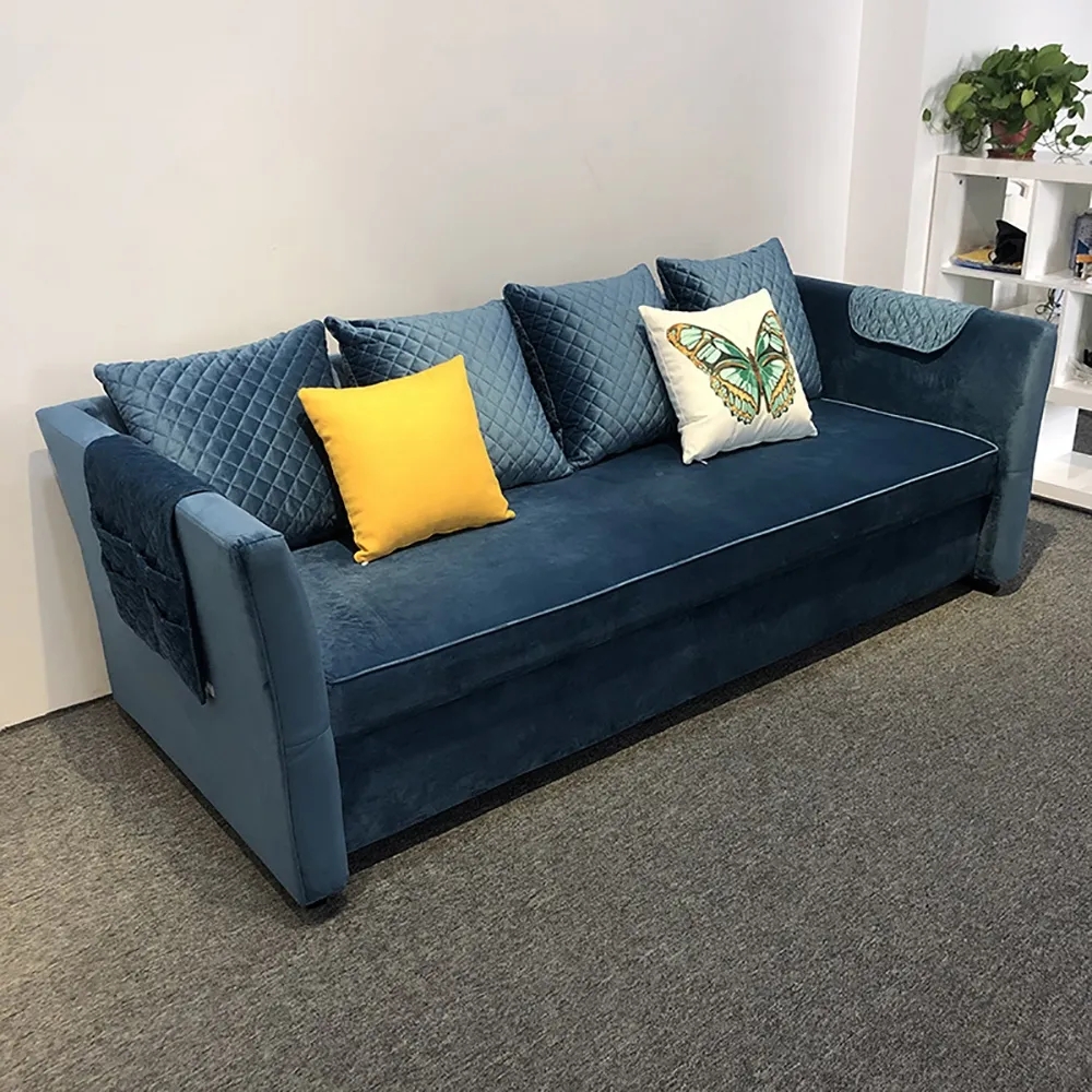 Blue 85" Full Sleeper Sofa Velvet Upholstered Convertible Sofa window image