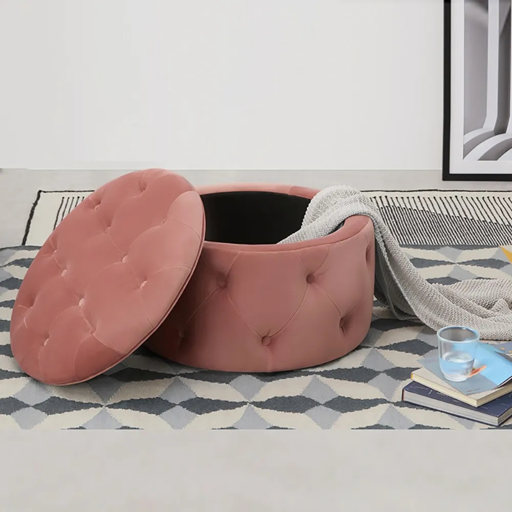 Taburete redondo tapizado otomano rosa de terciopelo 23.6"Dia Imagen de ventana