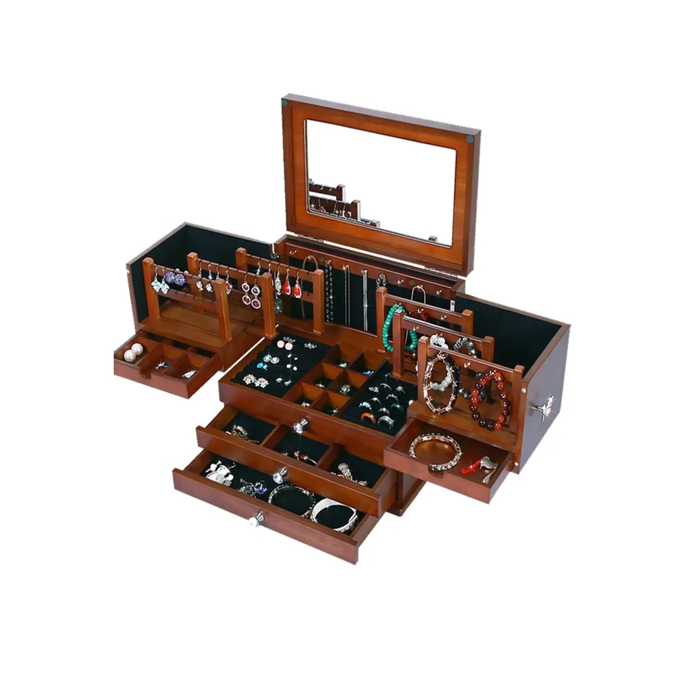 Multifunctional Jewelry Box Necklace Storage Ring Holder with Mirror-Walnut window image