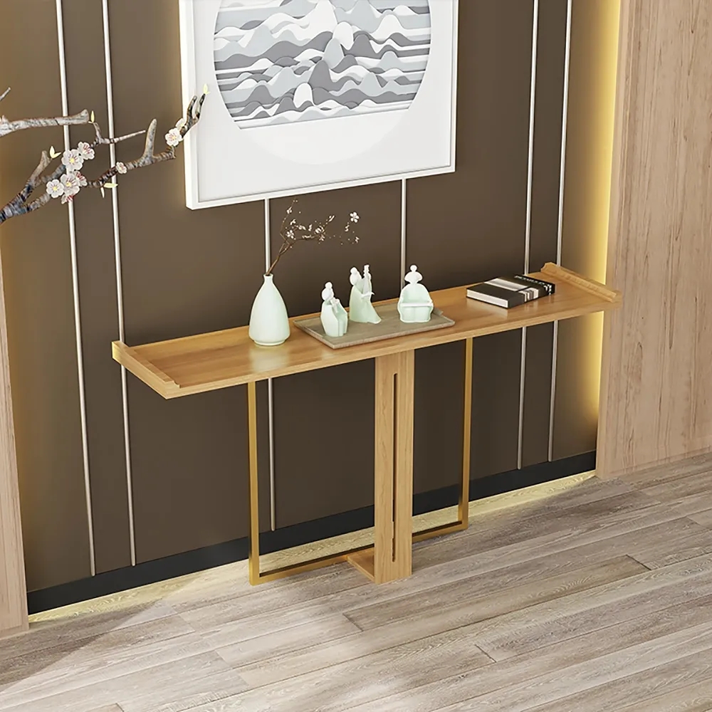 47" Narrow Console Table for Entryway Foyer Natural Solid Wood & Gold Metal in Large window image