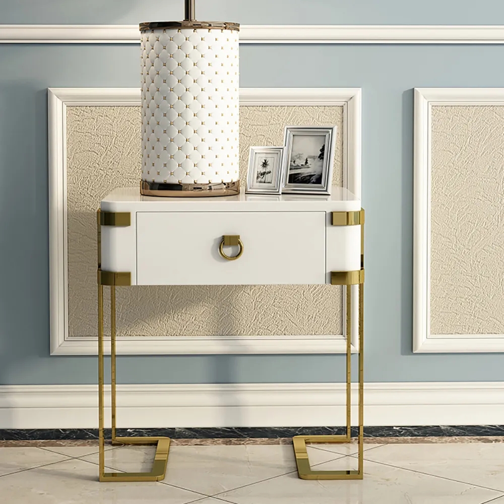 White Nightstand Lacquered Bedroom Table 1 Drawer Stainless Steel window image