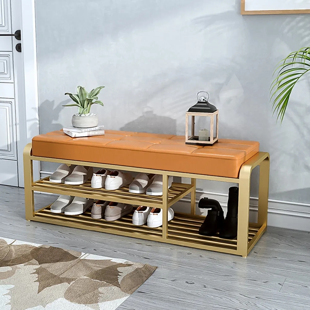 Tufted Bench Upholstered Leather Modern Bench 2-Tier Shoes Storage Bench window image