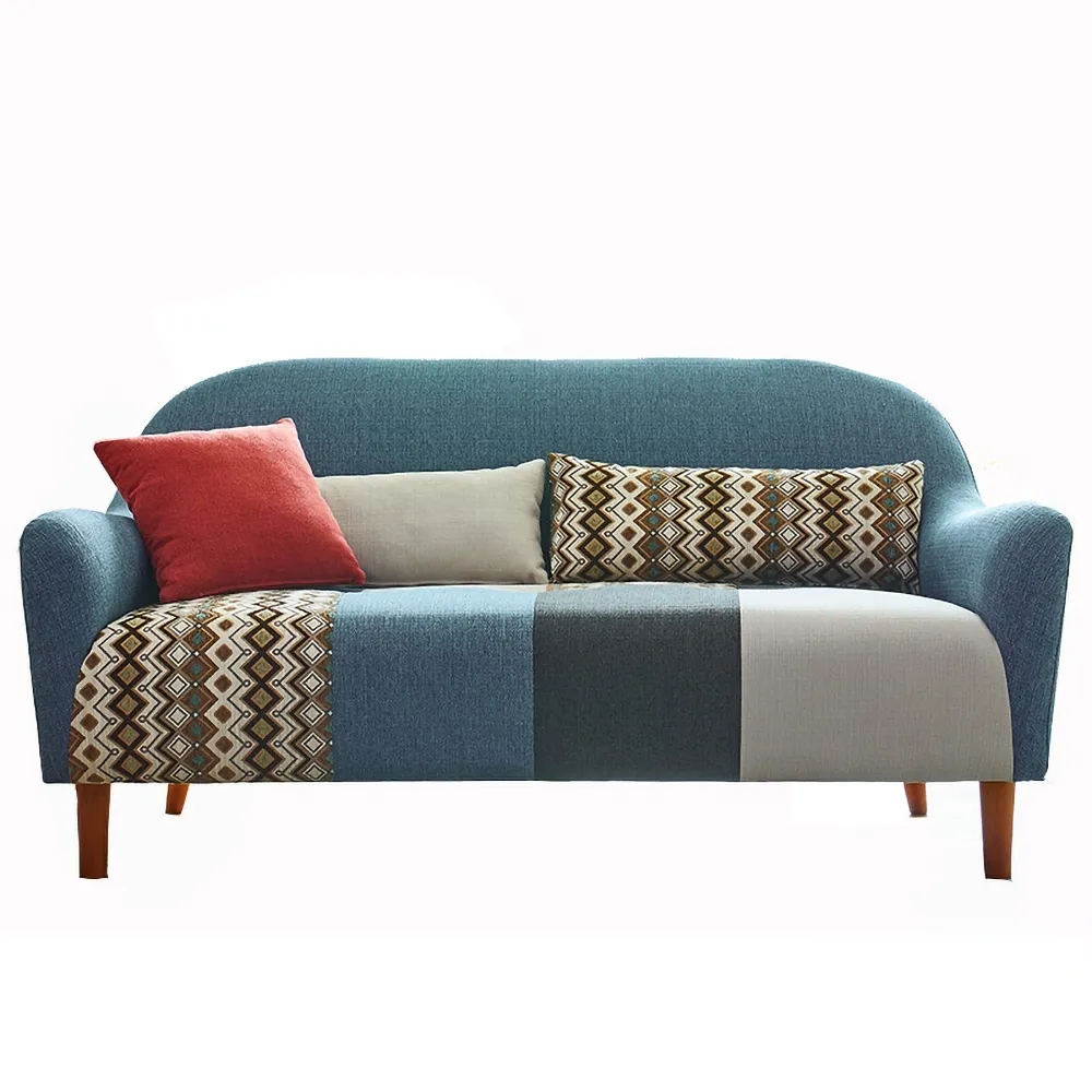 Flared Arm Sofa Deep Blue Cotton & Linen Upholstered 3-Seater Modern Rustic Couch window image