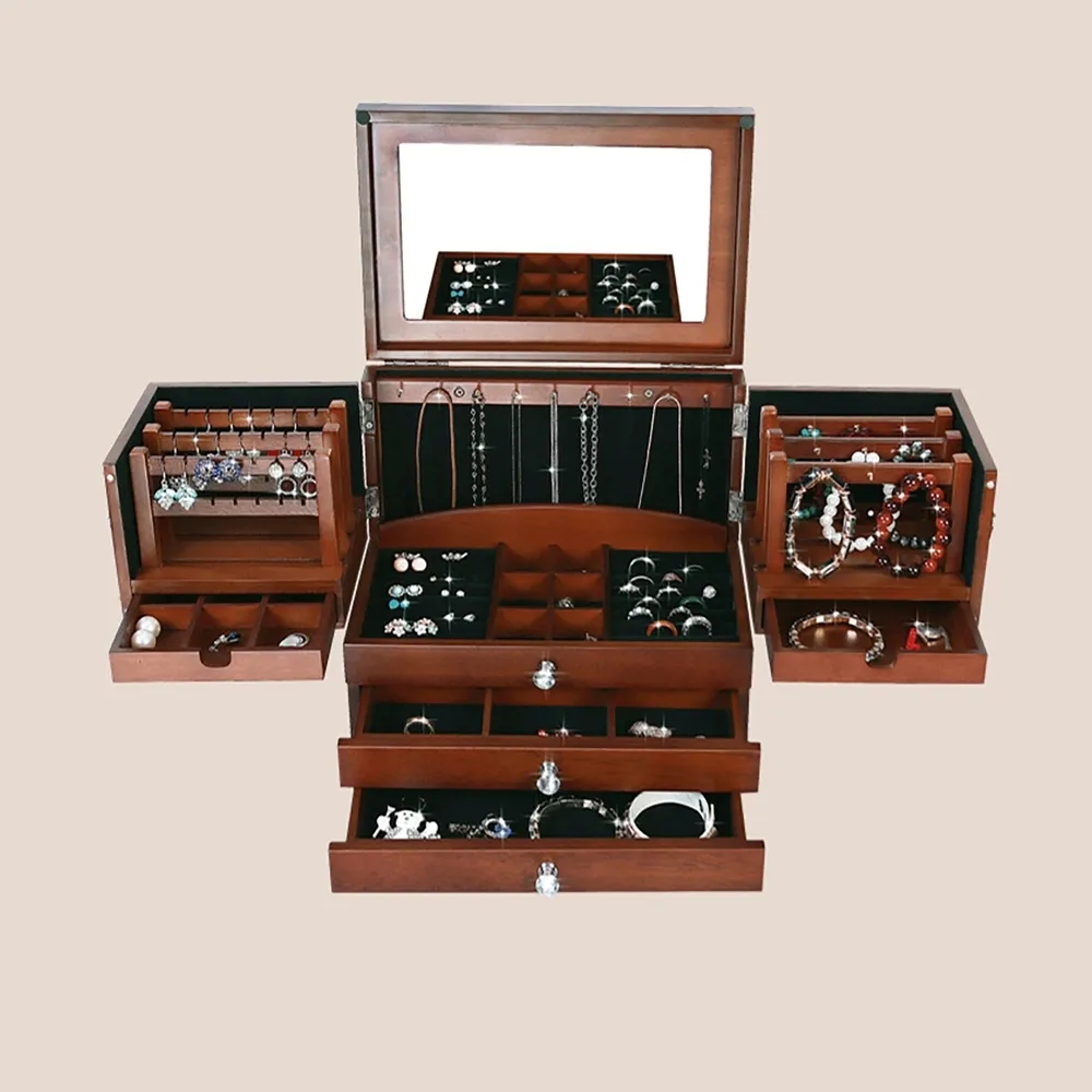 Multifunctional Jewelry Box Necklace Storage Ring Holder with Mirror-Walnut window image