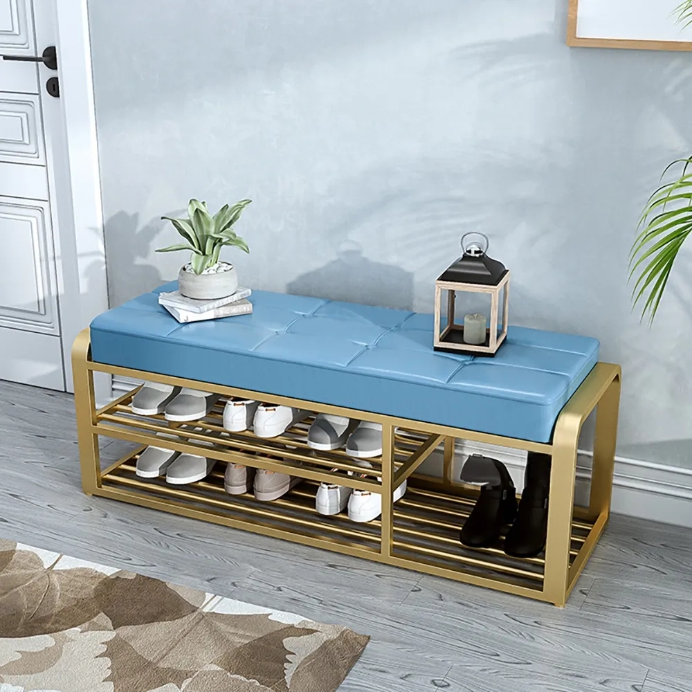 Tufted Bench Leather Upholstered Modern Bench 2-Tier Shoes Storage Bench window image