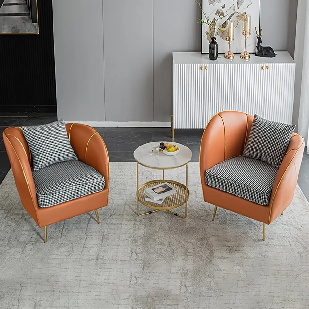 Orange Modern Houndstooth Upholstered Linen & Leather Accent Chair in Gold window image