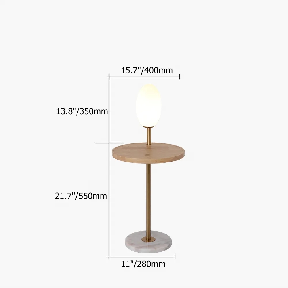 LED Natural Wood End Table Floor Lamp Glass Shade Wireless Charger Marble Base window image